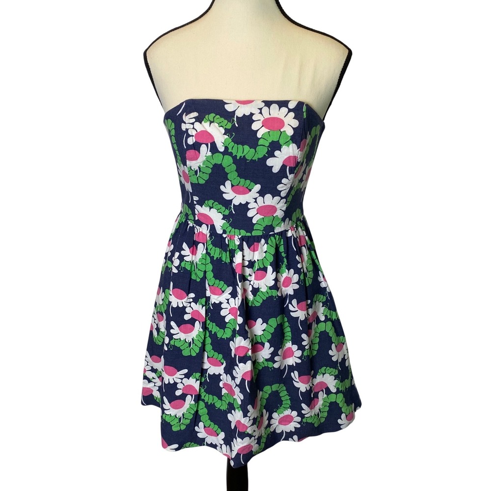 Lilly Pulitzer Strapless Mini Dress Women 0 Floral Caterpillar Fit Flare Preppy